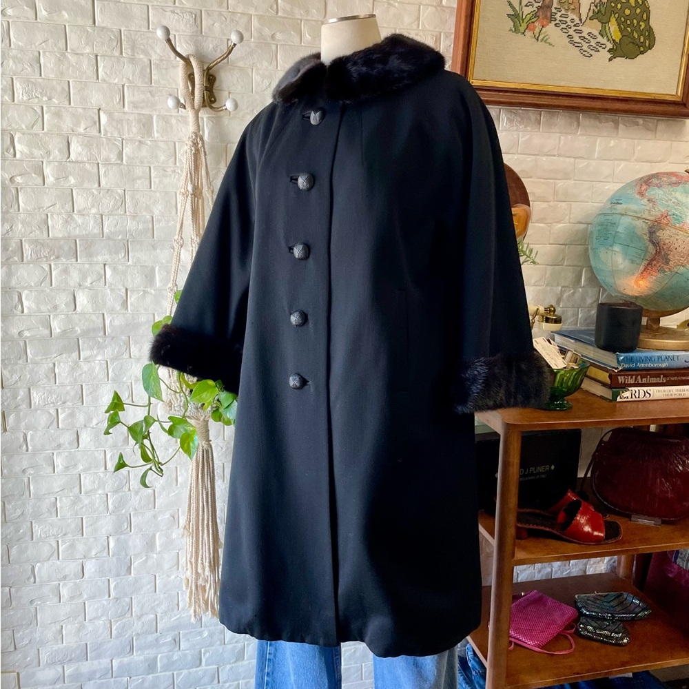 Vintage 1950s Parkmoor Black Wool Swing Coat with Blackglama Mink Fur Trim